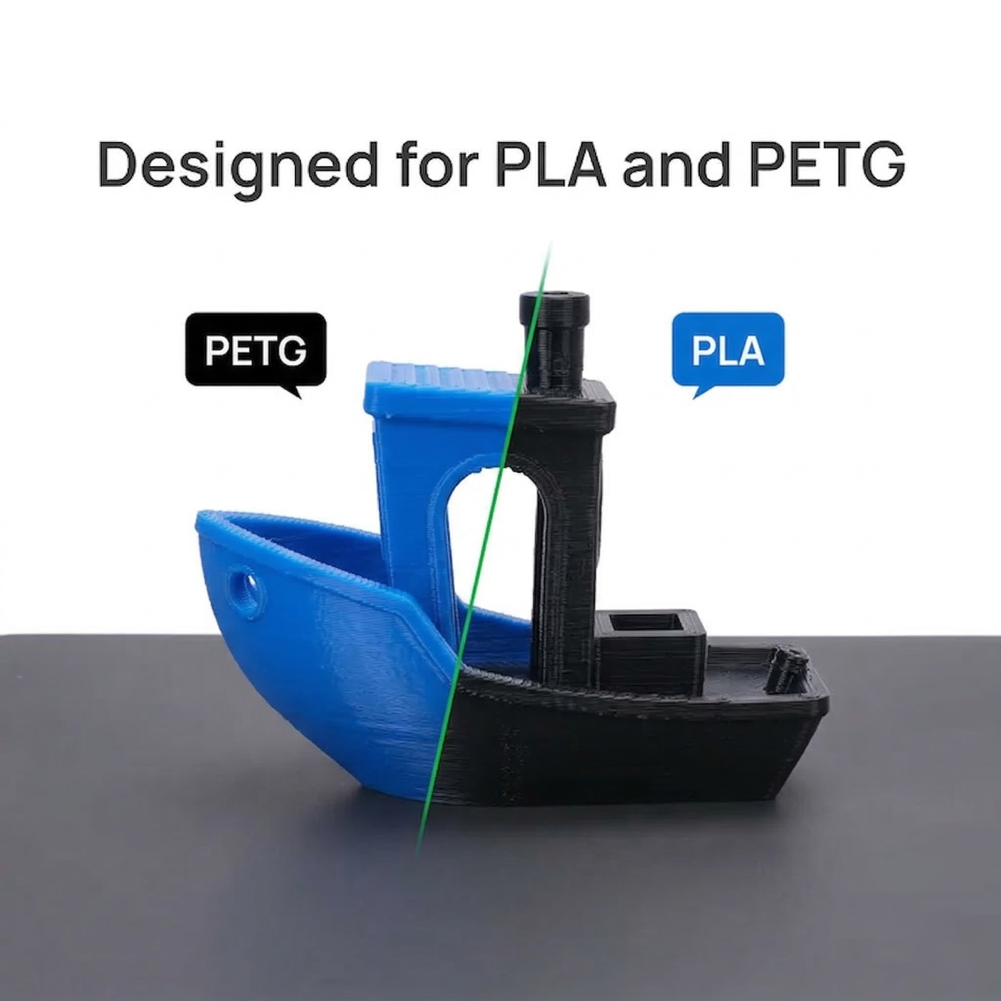 The Benchy model printed in PLA and PETG on the Cool Plate bed