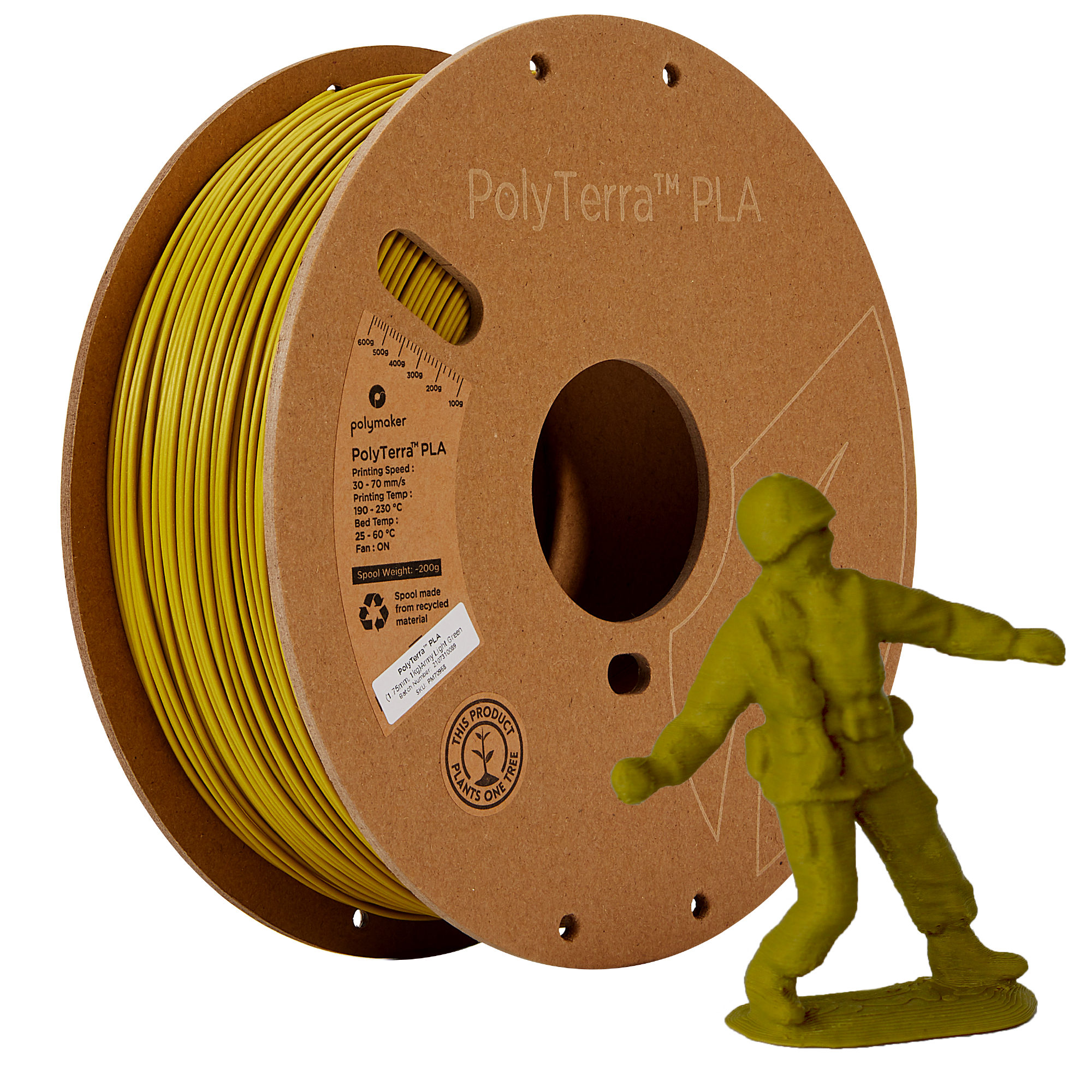 PLA filamenttekercs, matt katonazöld, Polymaker, 1,75 mm