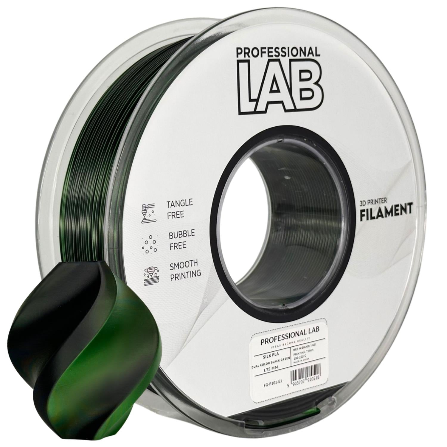 Silk PLA filamenttekercs, Dual Color fekete zöld, Prof. Lab, 1,75 mm