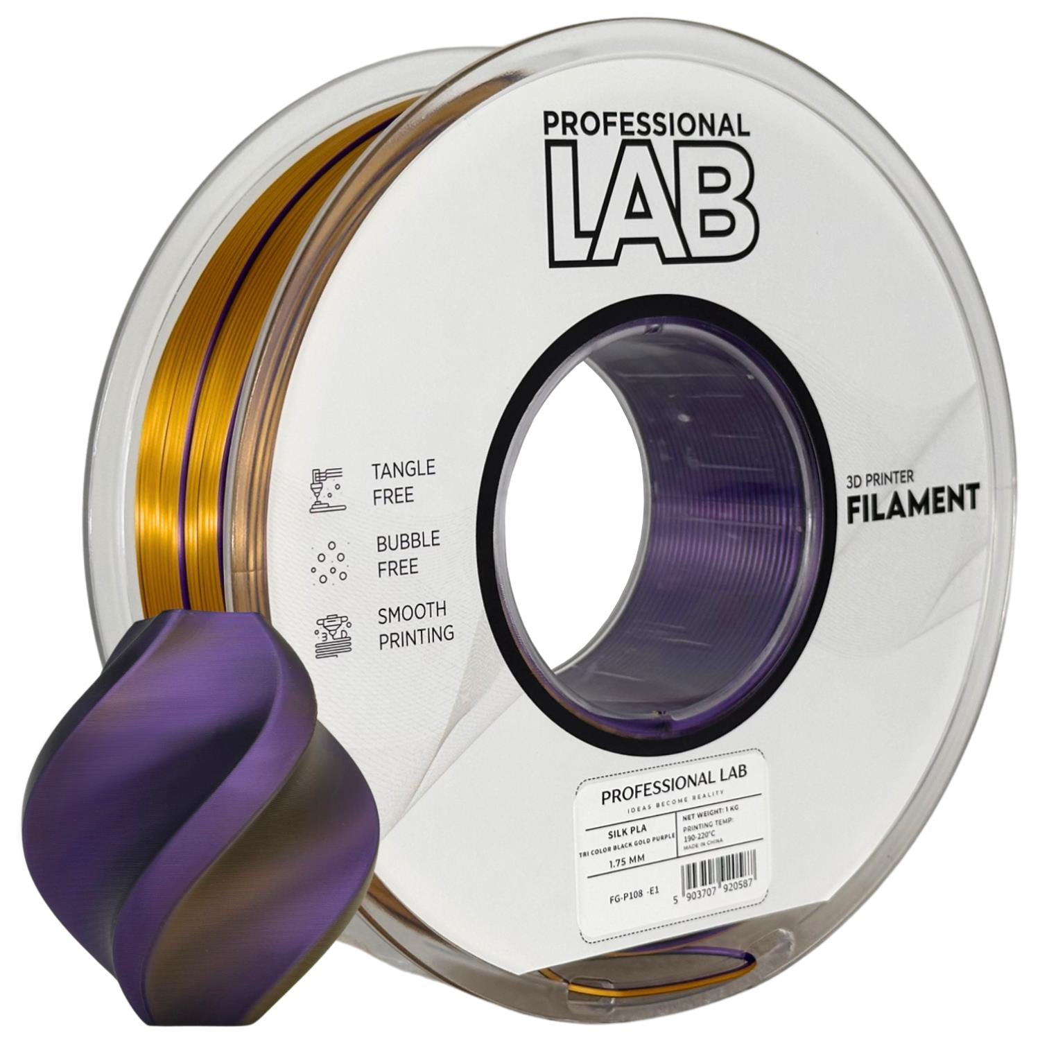 Silk PLA filamenttekercs, Tri Color fekete arany lila, Prof. Lab, 1,75 mm