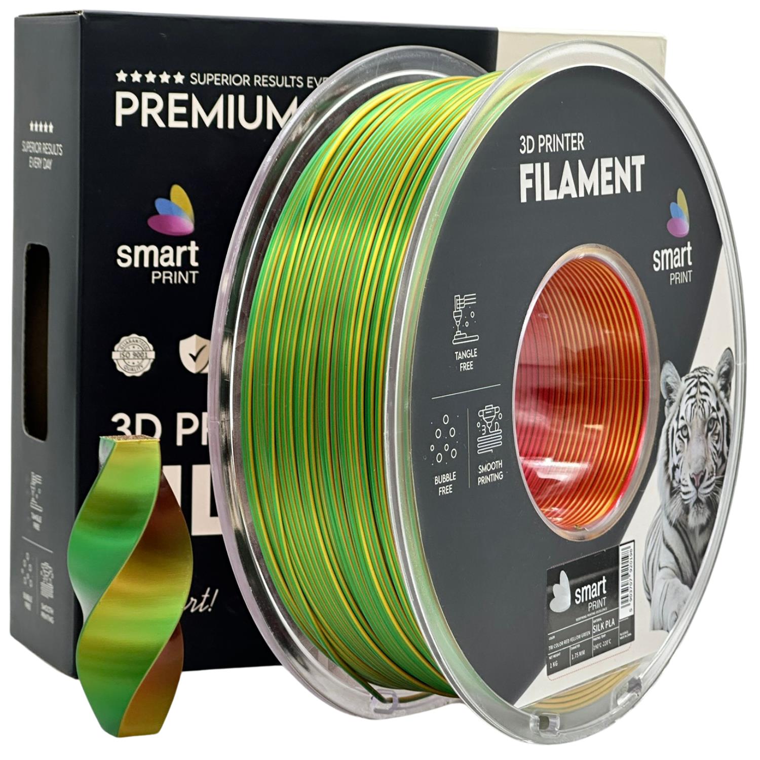 Spool of Silk PLA Tri Color red yellow green filament, Smart Print, 1.75 mm