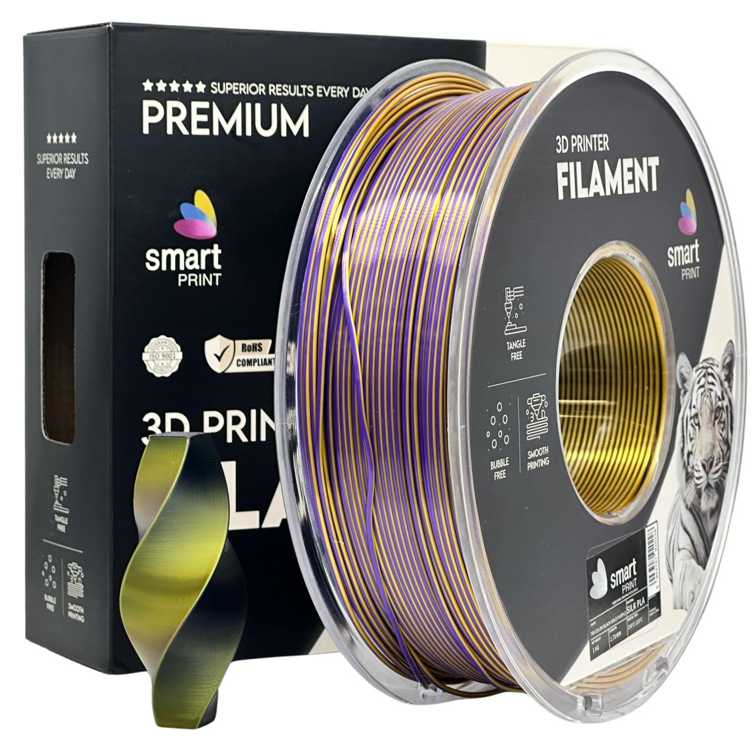 Silk PLA filamenttekercs, Tri Color fekete arany lila, Smart Print, 1,75 mm