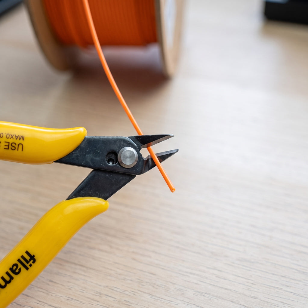 Filamentor flush cutters cutting orange filament straight off the spool